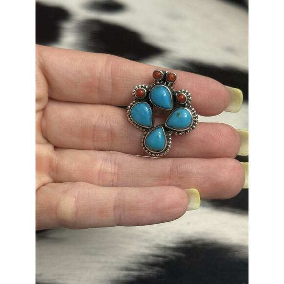 Native American Sterling Silver Blue Turquoise Red Coral Prickly Cactus Ring 9 - Picture 6 of 10